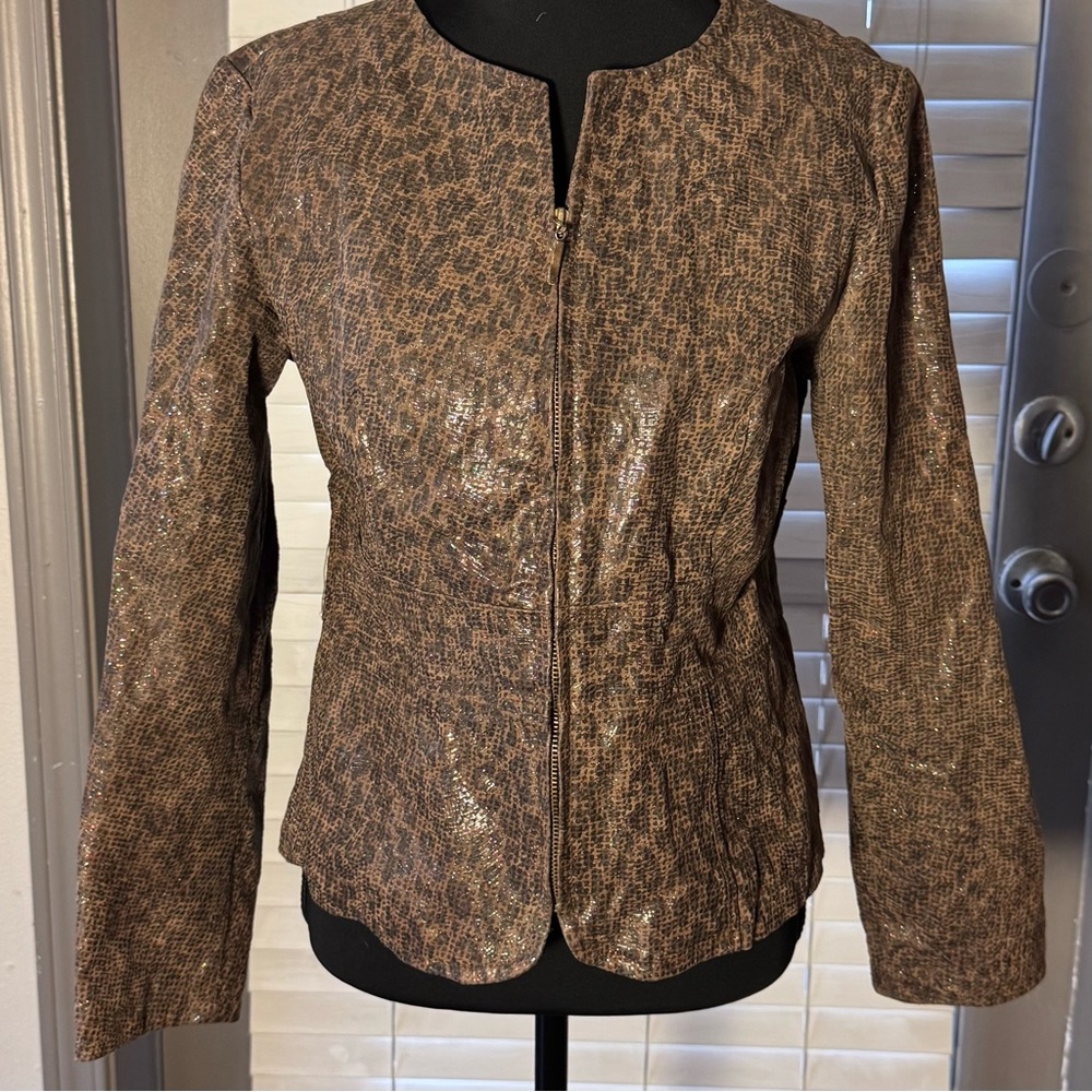 Brown Metallic Leopard Textured Zip-Front Women’s Jacket - Picture 2 of 12